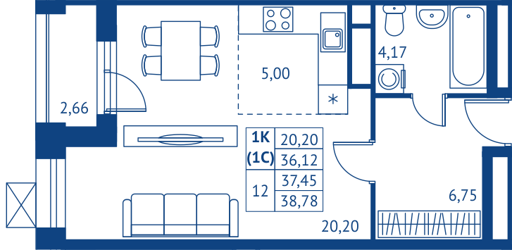 КВАРТИРА №249, СТУДИЯ, 36.1 м²